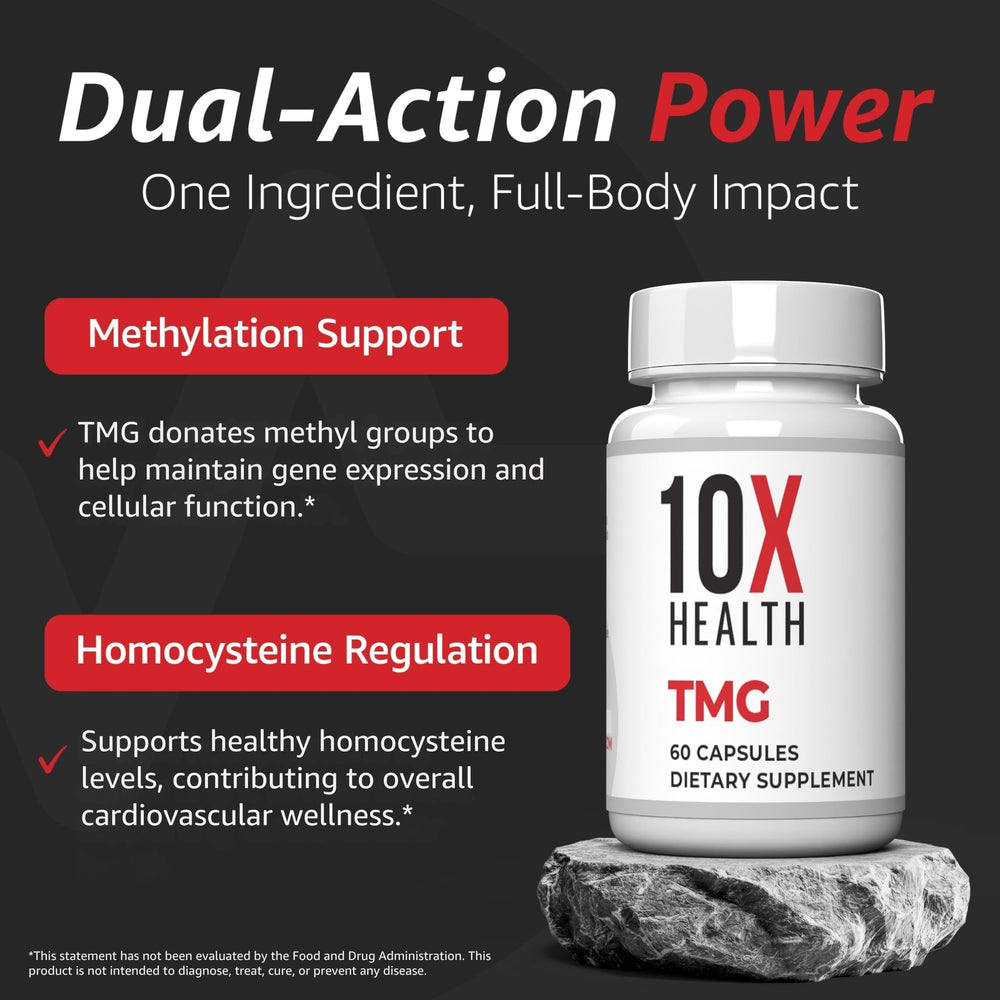 Close-up of 10X Health System TMG label indicating quality ingredients.