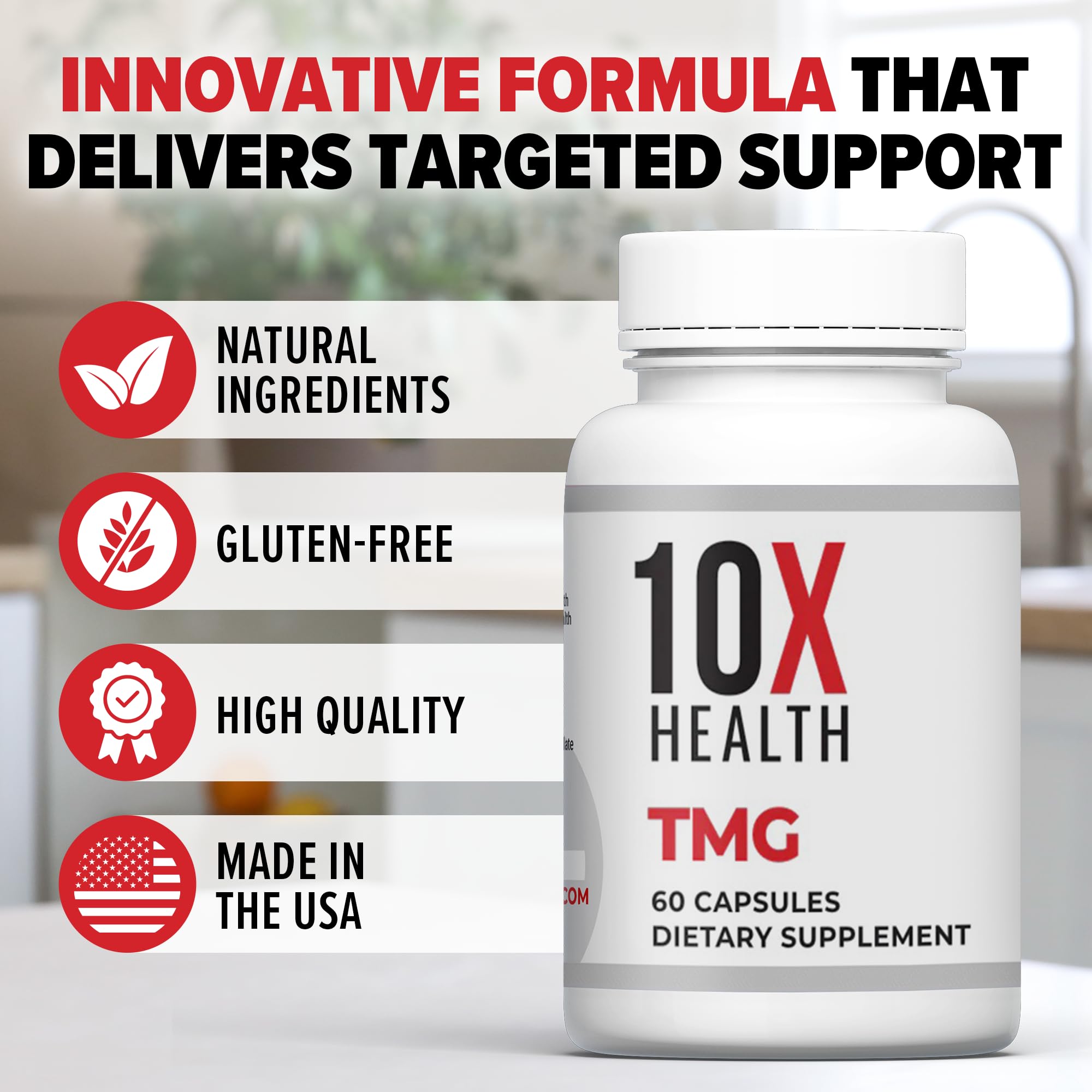 Packaging detail of 10X Health System TMG, non-GMO and gluten-free assurance.