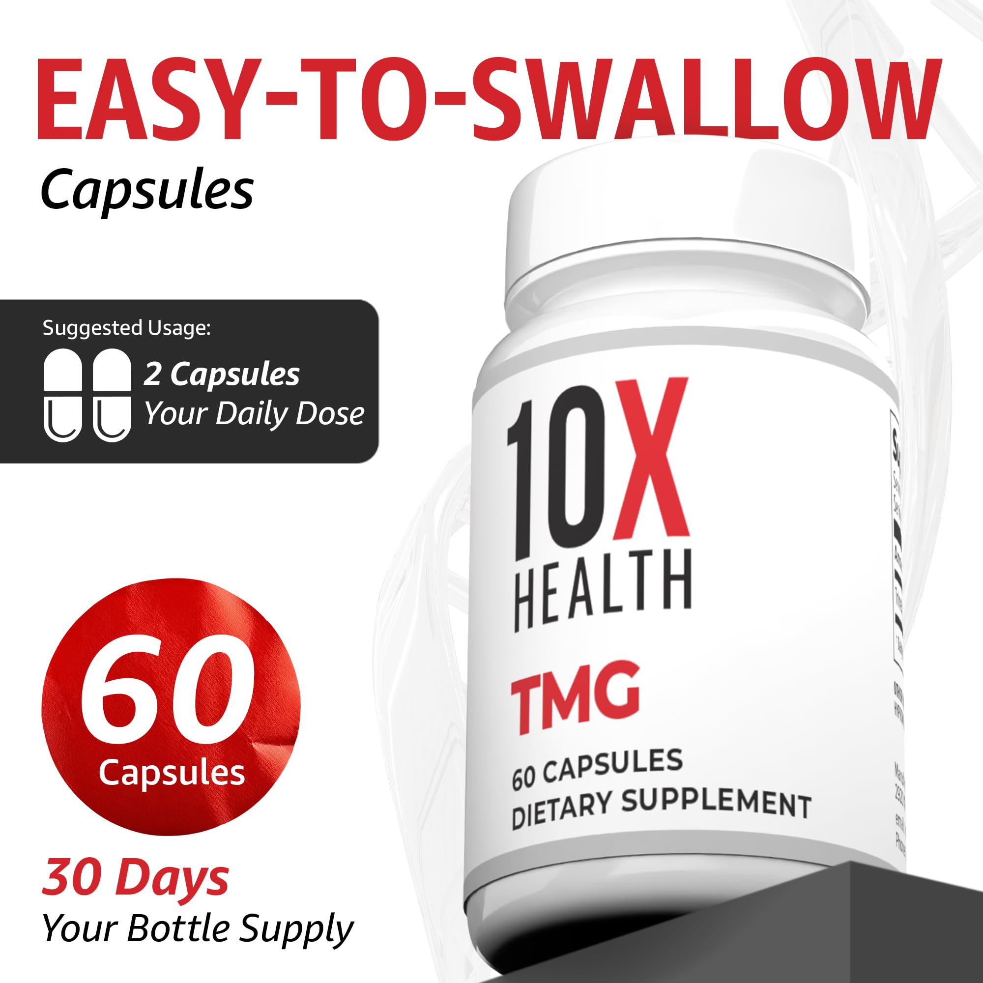 Serving size display for 10X Health System TMG showing two capsules per serving.