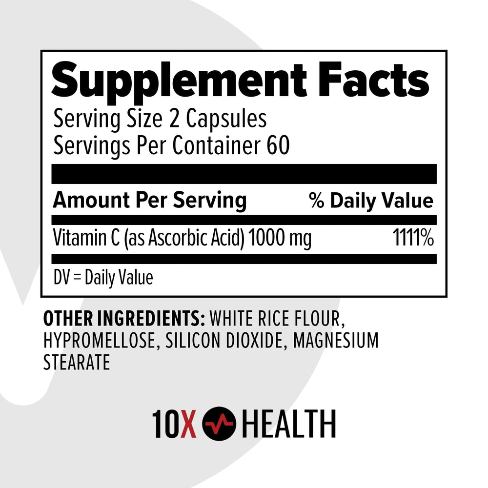 10X Health Vitamin C 1000mg bottle with glass of water for easy daily use.