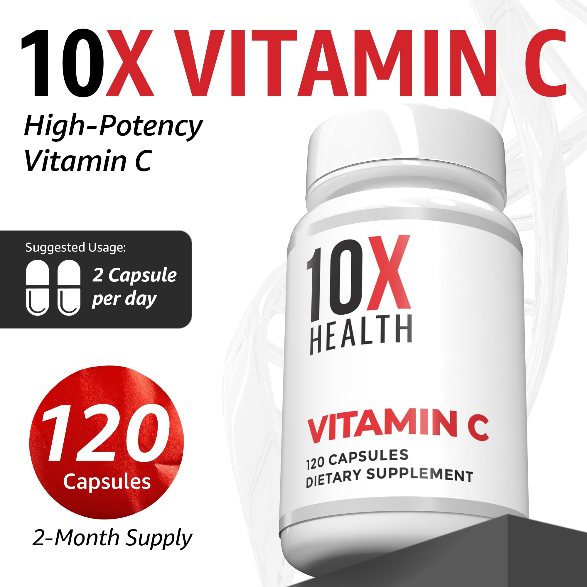 10X Health Vitamin C 1000mg ingredients, highlighting pure ascorbic acid and tested purity.