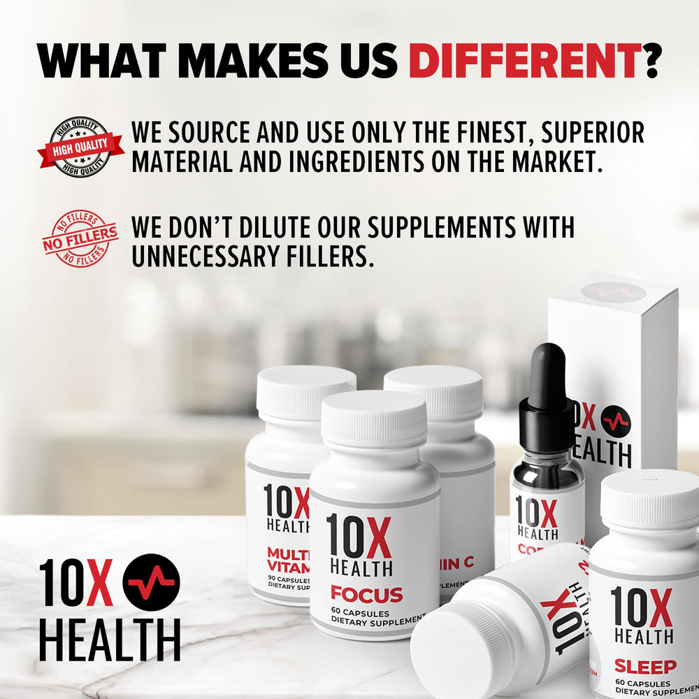 10X Health Vitamin C 1000mg label detail, shows dosage and allergen info.