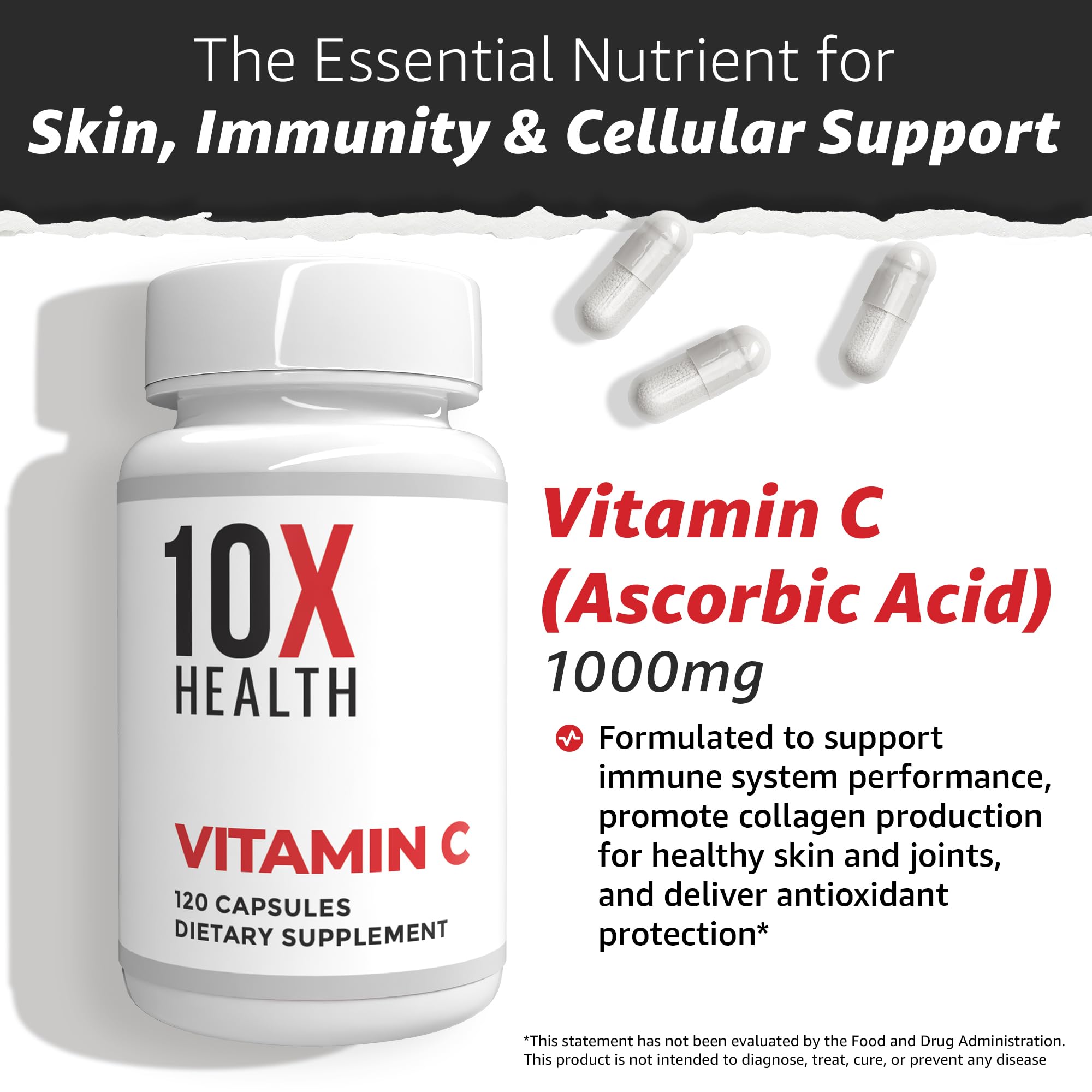 10X Health Vitamin C 1000mg packaging box, proudly made in the USA.