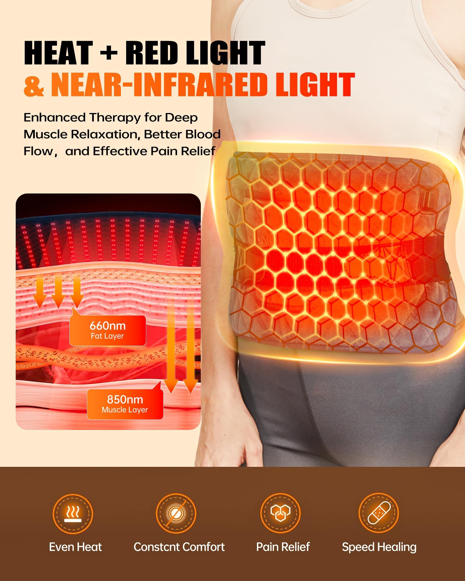 120 LED red light therapy belt three heat settings for adaptable warmth.