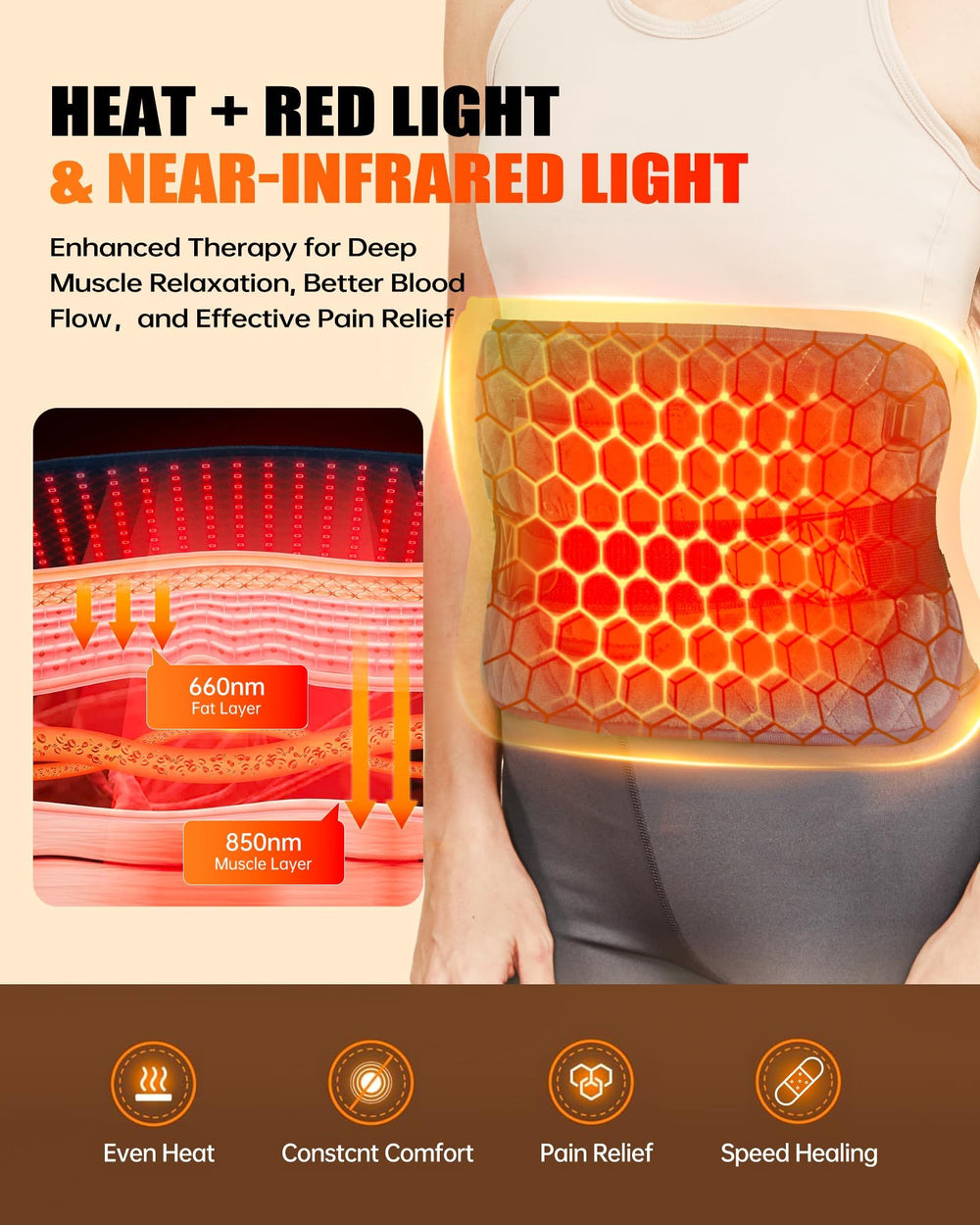 120 LED red light therapy belt three heat settings for adaptable warmth.