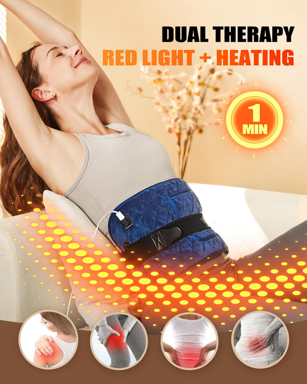 120 LED red light therapy belt pulse modes control panel for session customization.