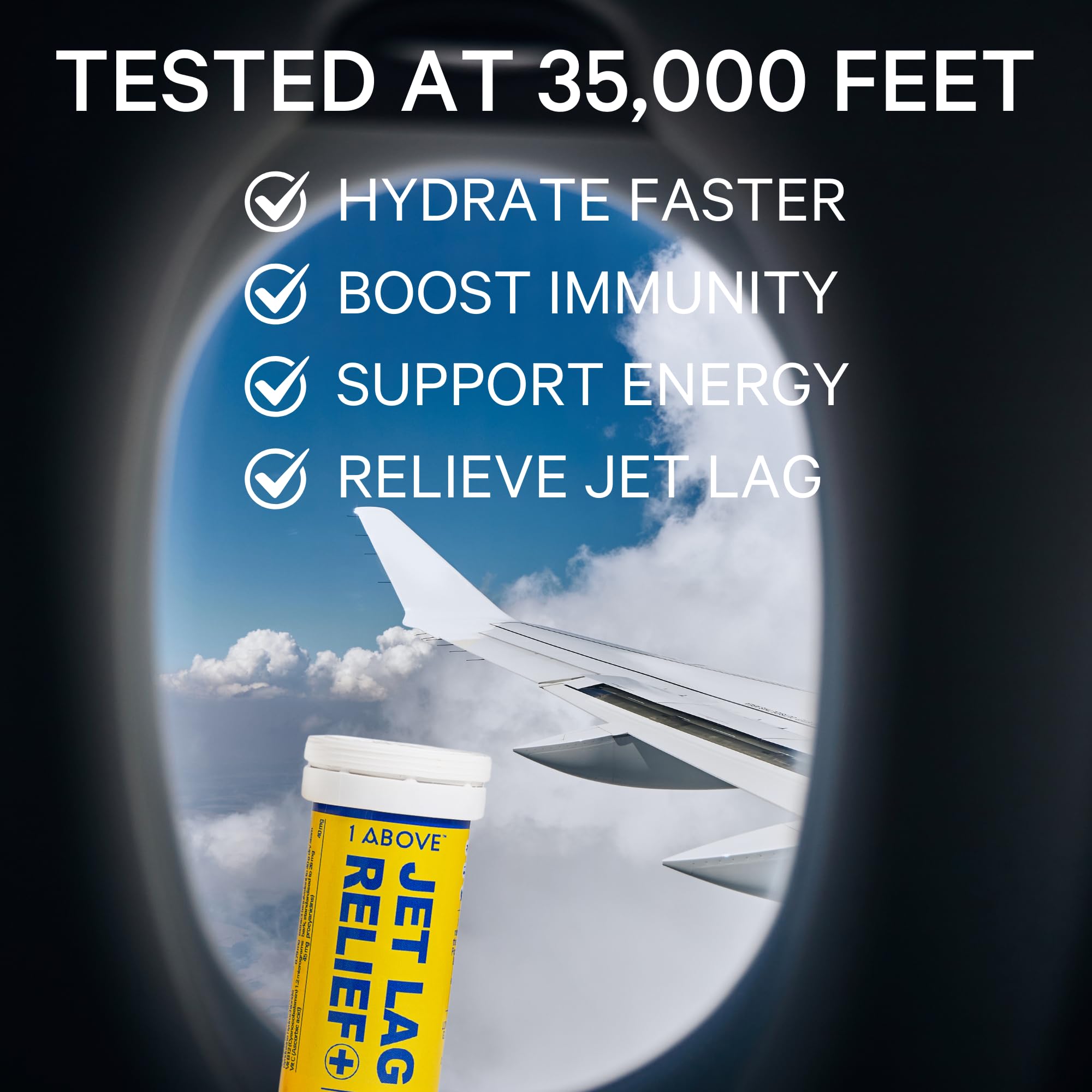 1ABOVE Jet Lag Relief tablets dissolving in water to refresh travel moments.