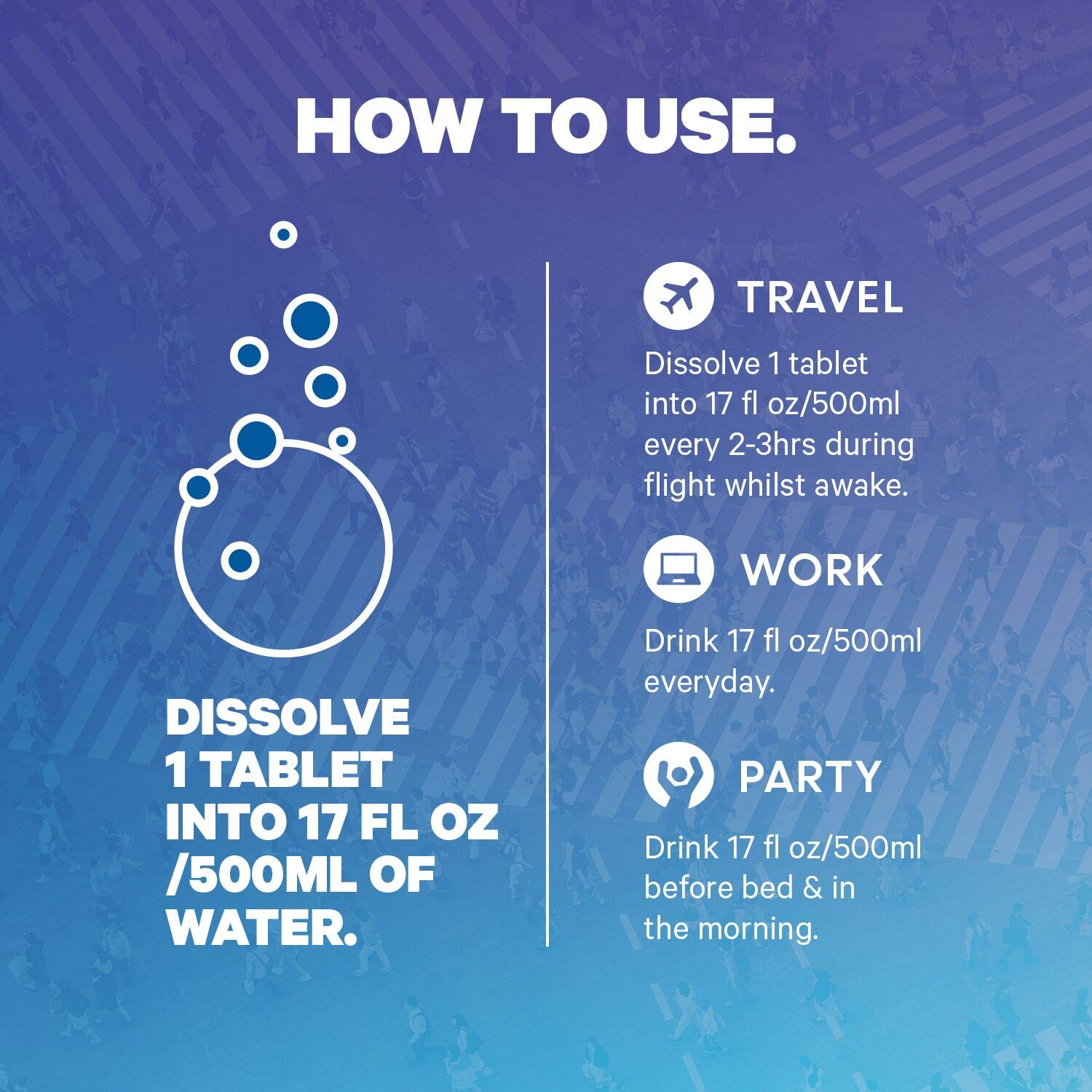 1ABOVE Jet Lag Relief tablets hydration-friendly formula dissolves with water.