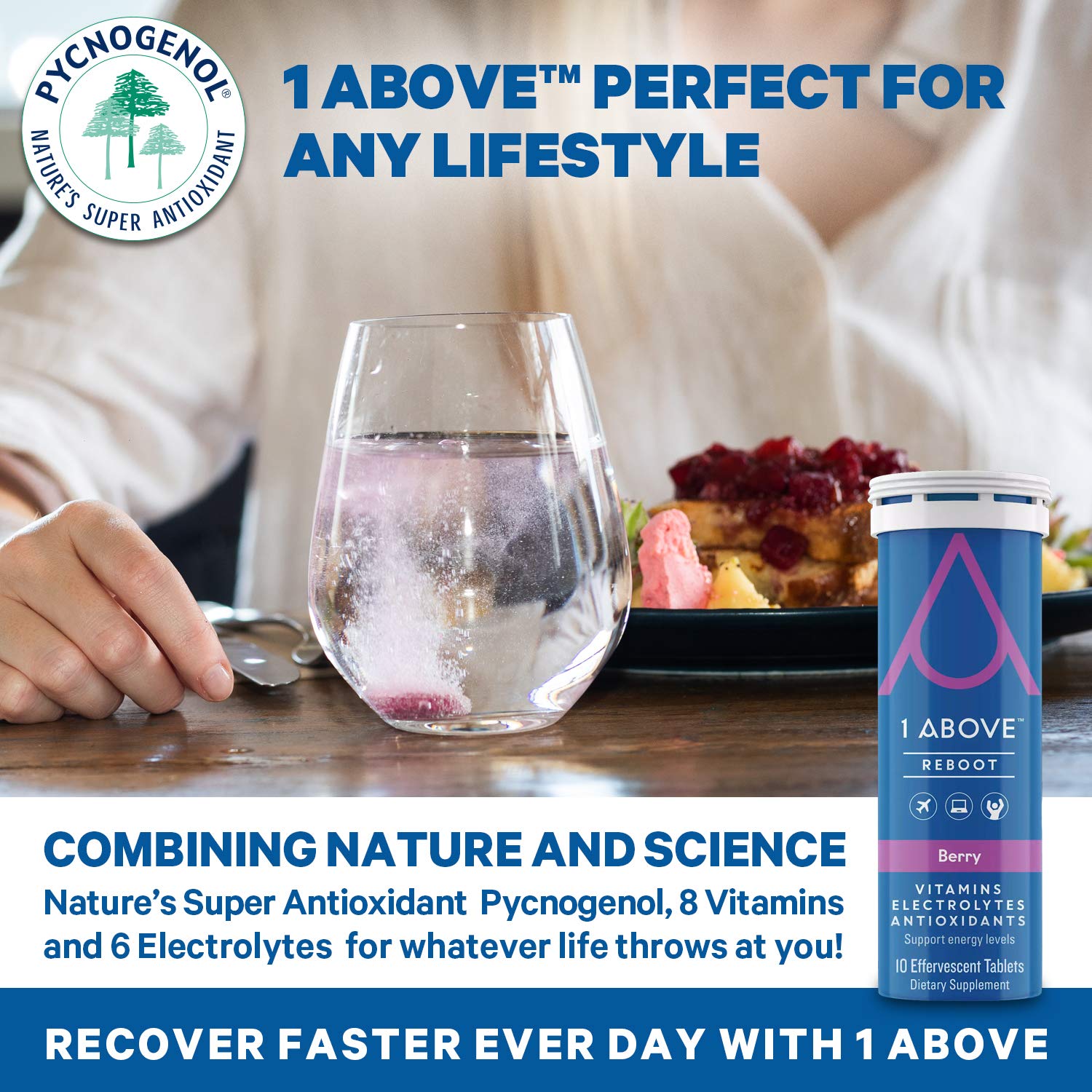 1ABOVE Jet Lag Relief tablets night-after recovery scenario with citrus flavor.