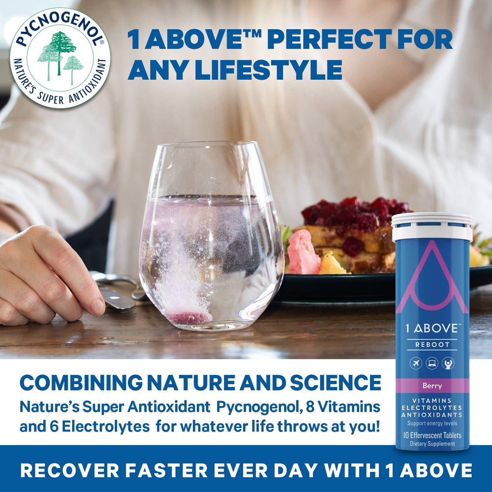 1ABOVE Jet Lag Relief tablets night-after recovery scenario with citrus flavor.