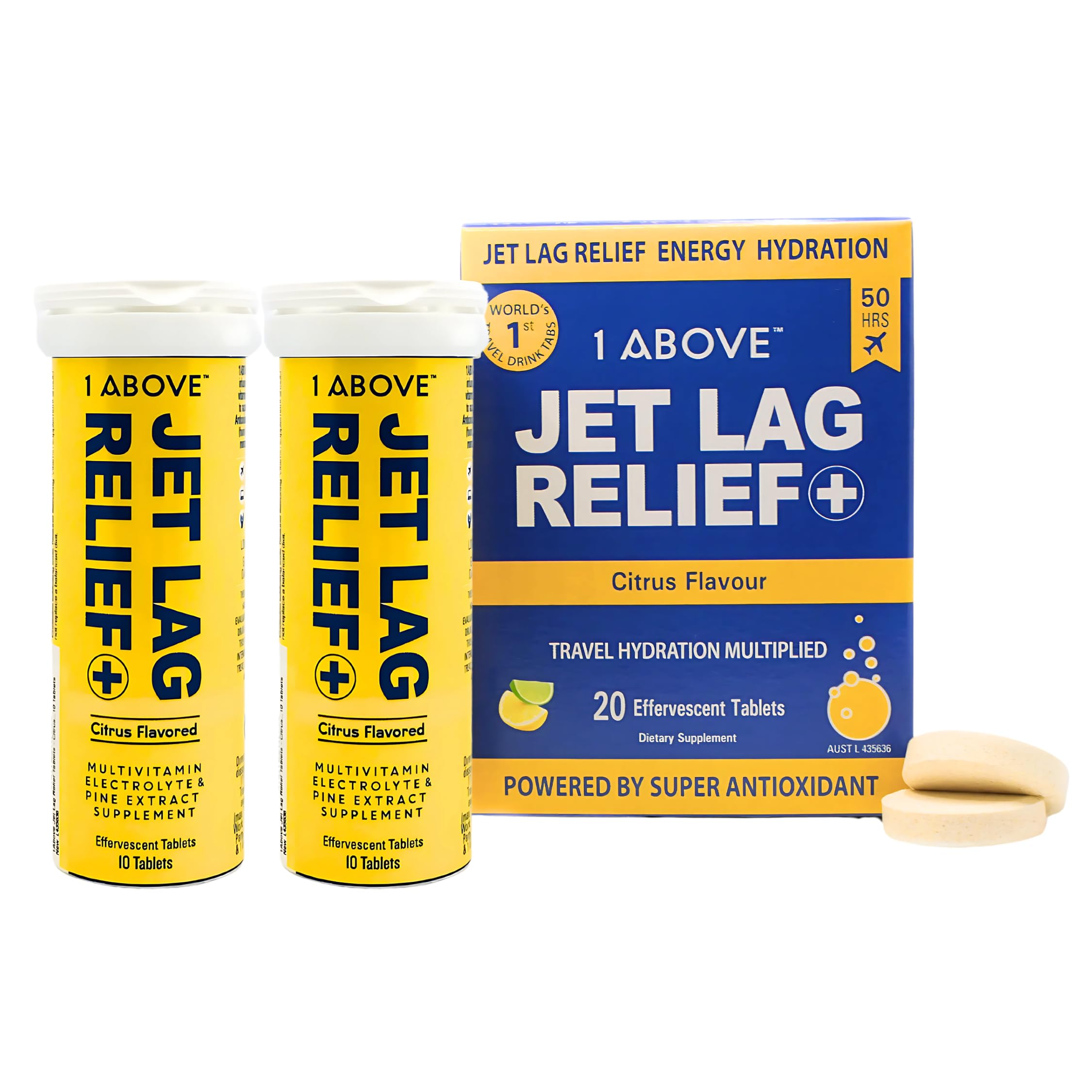 1ABOVE Jet Lag Relief tablets packaging for travel-ready use and convenience.
