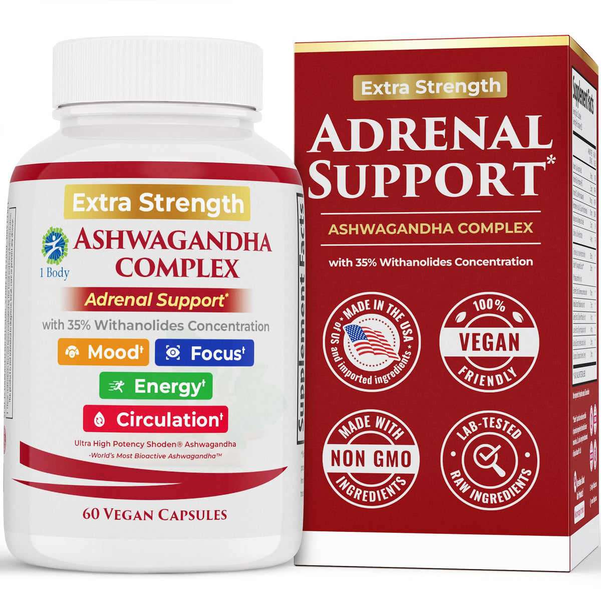 1 Body Ashwagandha Complex bottle-front highlighting daily calm and resilience