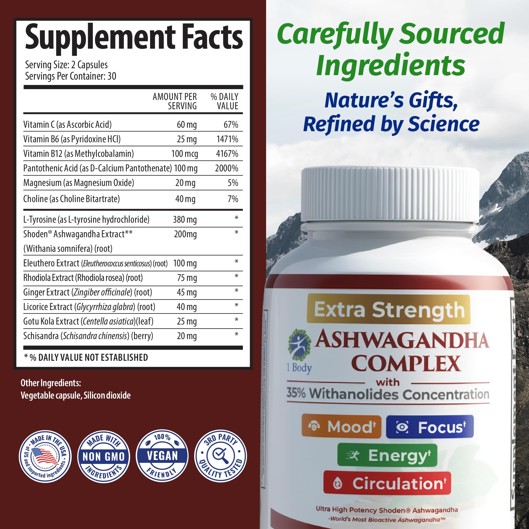 1 Body Ashwagandha Complex packaging-detail notes seven-adaptogen blend