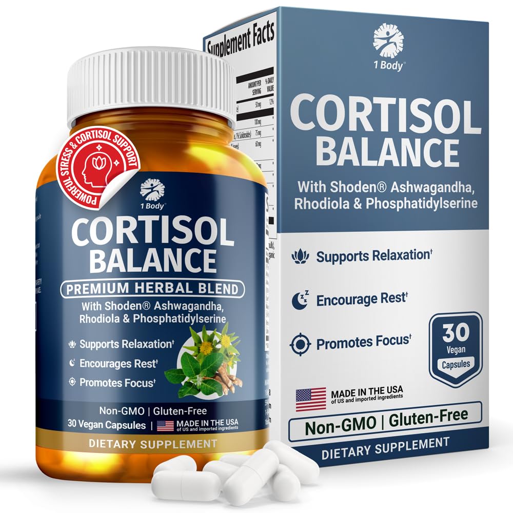 1 Body Cortisol Balance bottle label promotes calm energy without caffeine