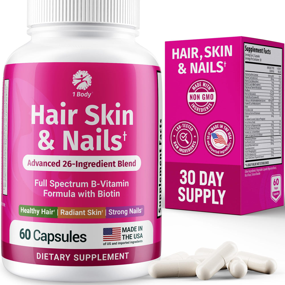 1 Body Hair Skin Nails bottle with capsules for daily hair, skin, and nails support.