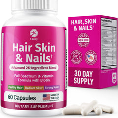 1 Body Hair Skin Nails bottle with capsules for daily hair, skin, and nails support.