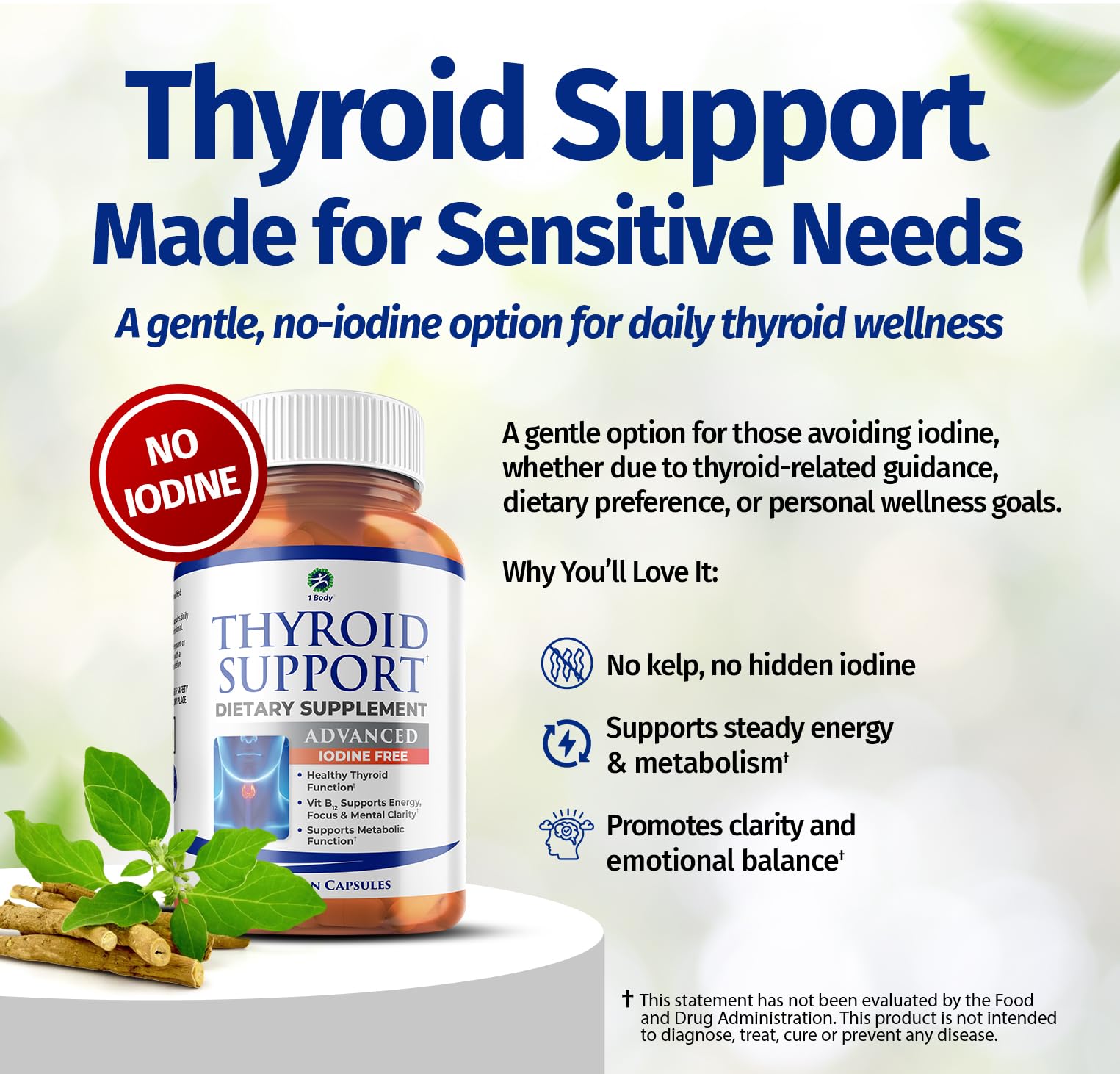 1Body Thyroid Support capsules closeup showcases clean ingredients for daily vitality