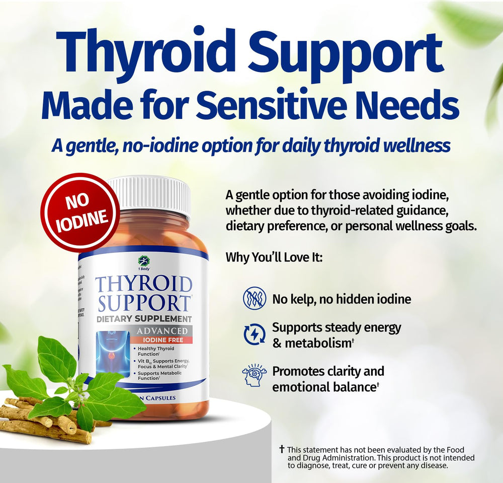 1Body Thyroid Support capsules closeup showcases clean ingredients for daily vitality