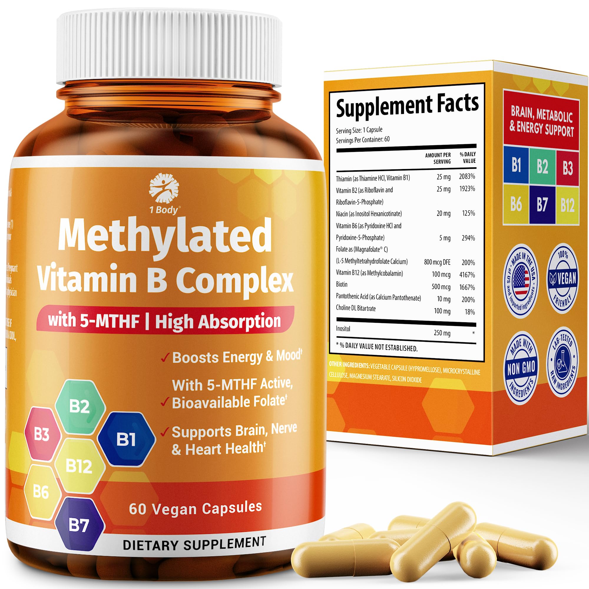 1Body Vitamin B Complex bottle pour supports energy and metabolism.