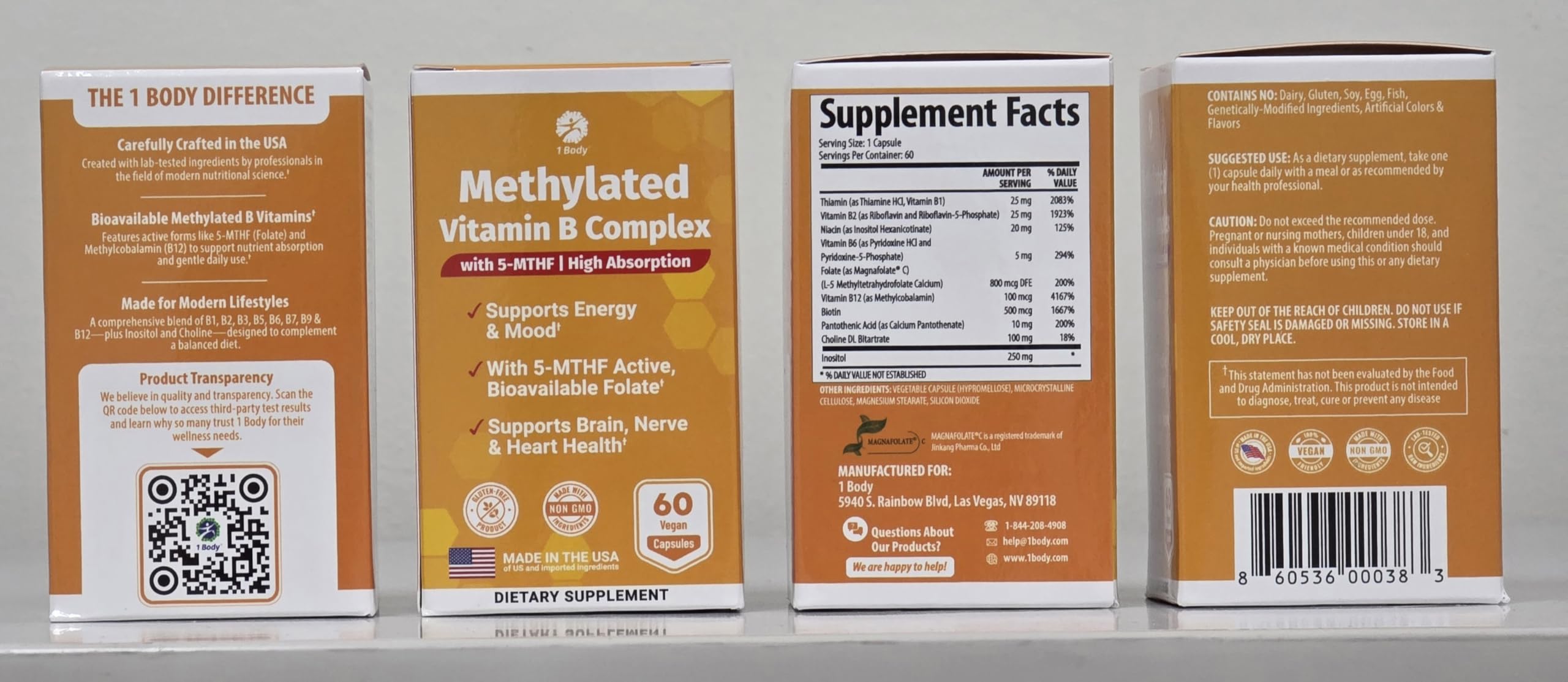 1Body produced in USA with GMP facility packaging on shelf.