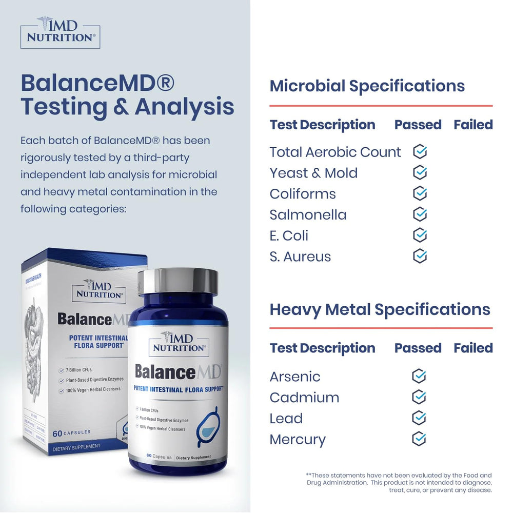 Close-up of BalanceMD ingredients collection highlighting oregano oil and caprylic acid for digestive balance.