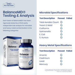 Close-up of BalanceMD ingredients collection highlighting oregano oil and caprylic acid for digestive balance.