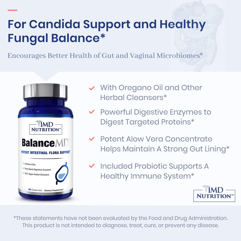 1MD BalanceMD oregano oil vial spotlights herbal cleansers for gut balance.
