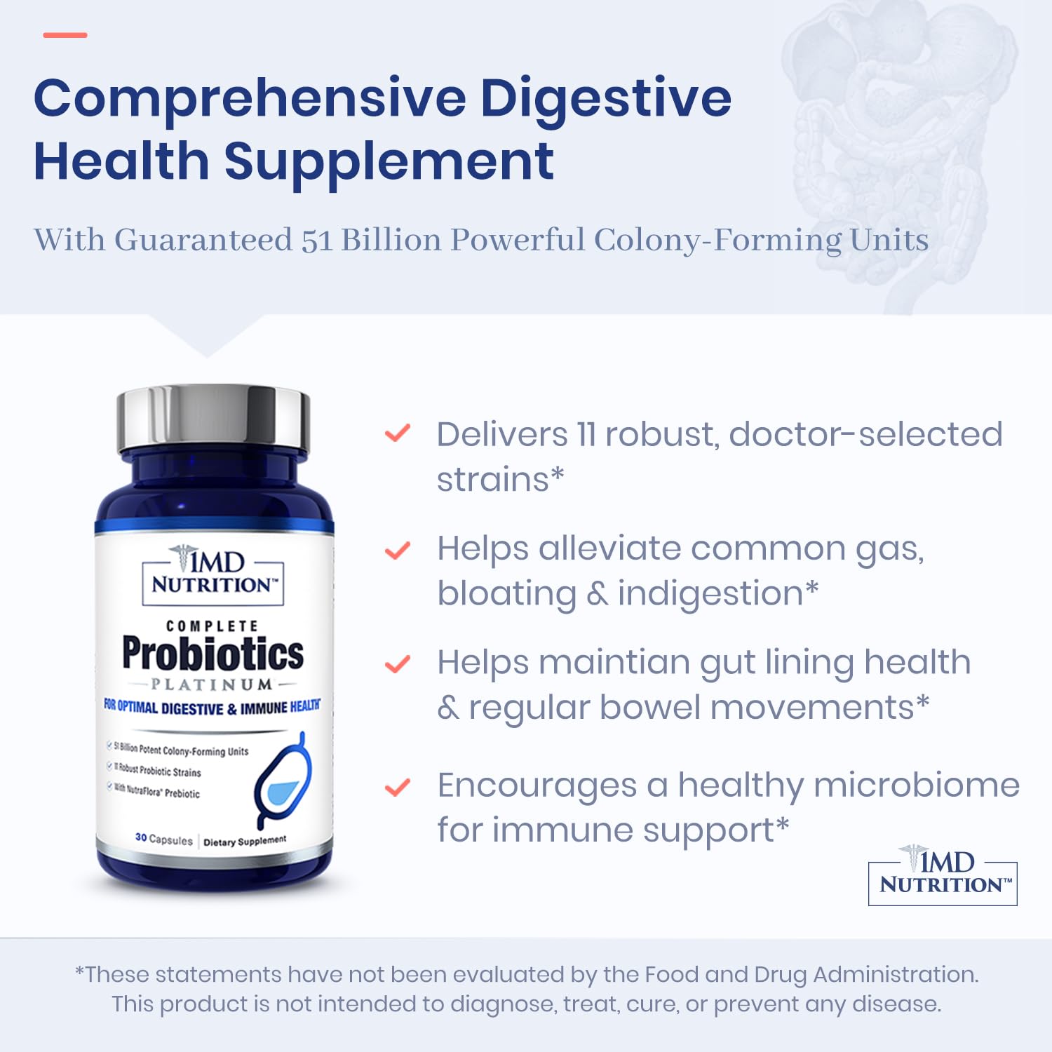 1MD Complete Probiotics Platinum capsules show easy-to-swallow vegetable capsules