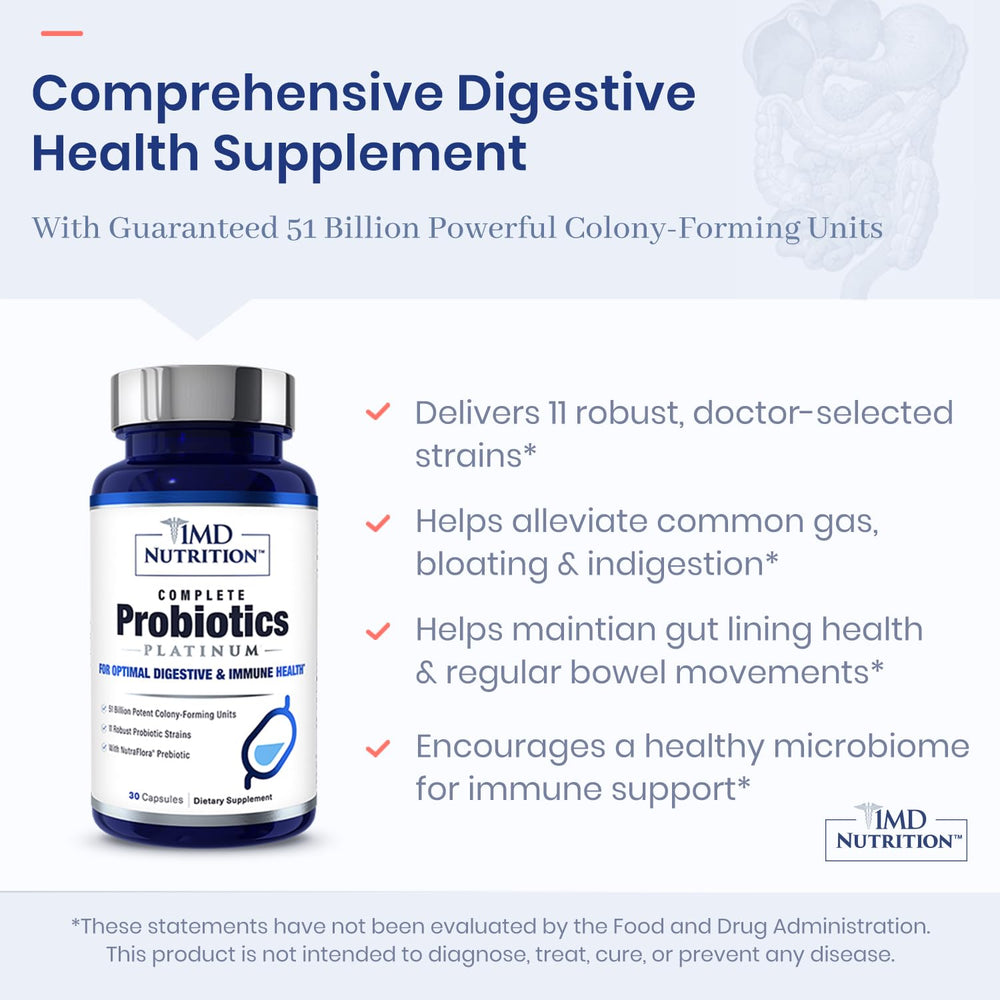 1MD Complete Probiotics Platinum capsules show easy-to-swallow vegetable capsules