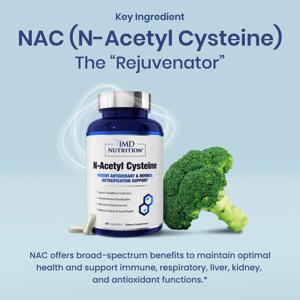 1MD NAC bottle cap close-up emphasizes easy daily wellness routine.
