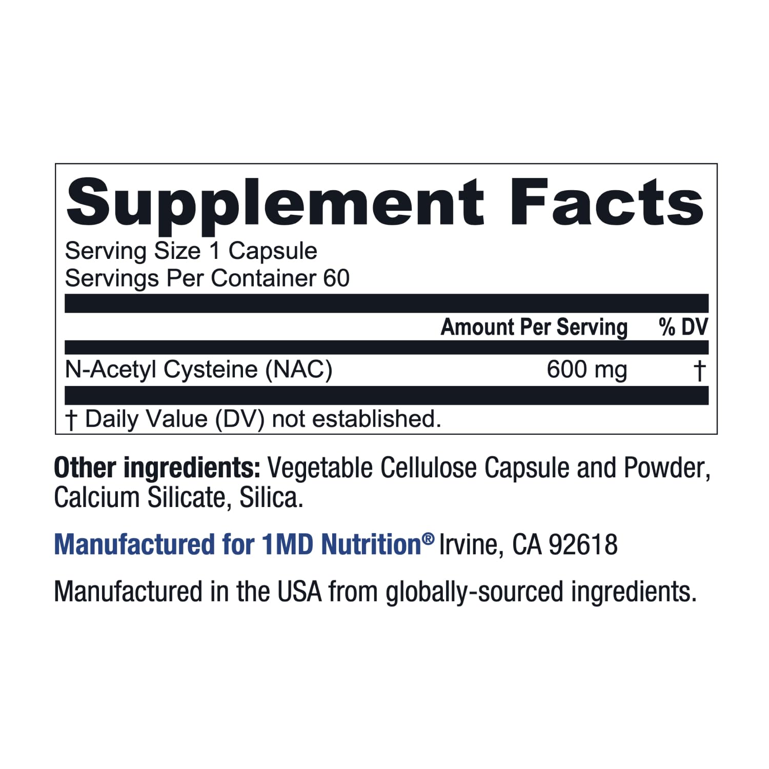 1MD NAC capsules beside water suggest daily antioxidant routine.