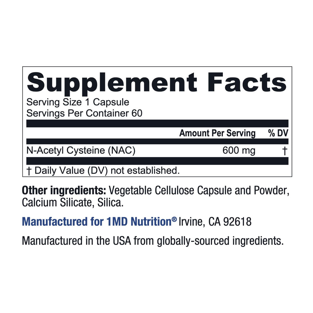 1MD NAC capsules beside water suggest daily antioxidant routine.