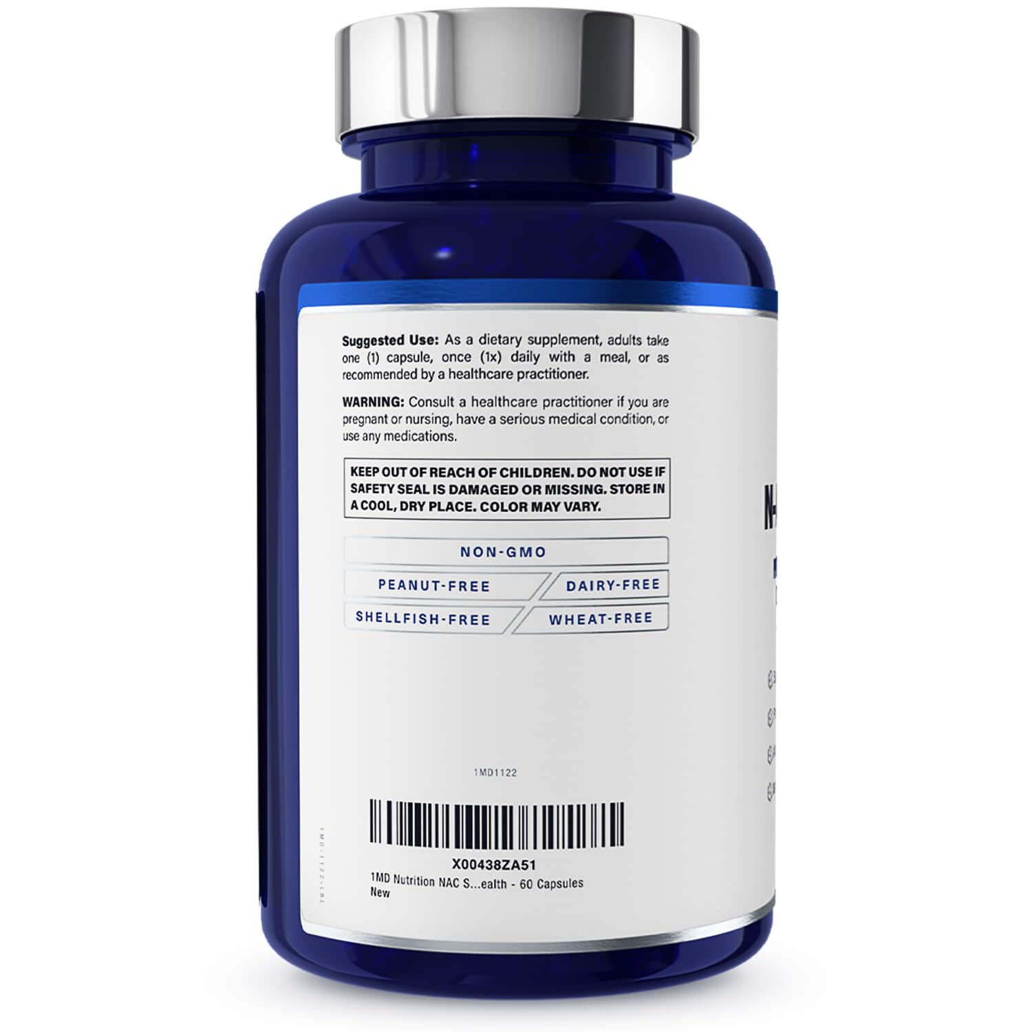 1MD NAC bottle image emphasizes glutathione production as a key antioxidant pathway.