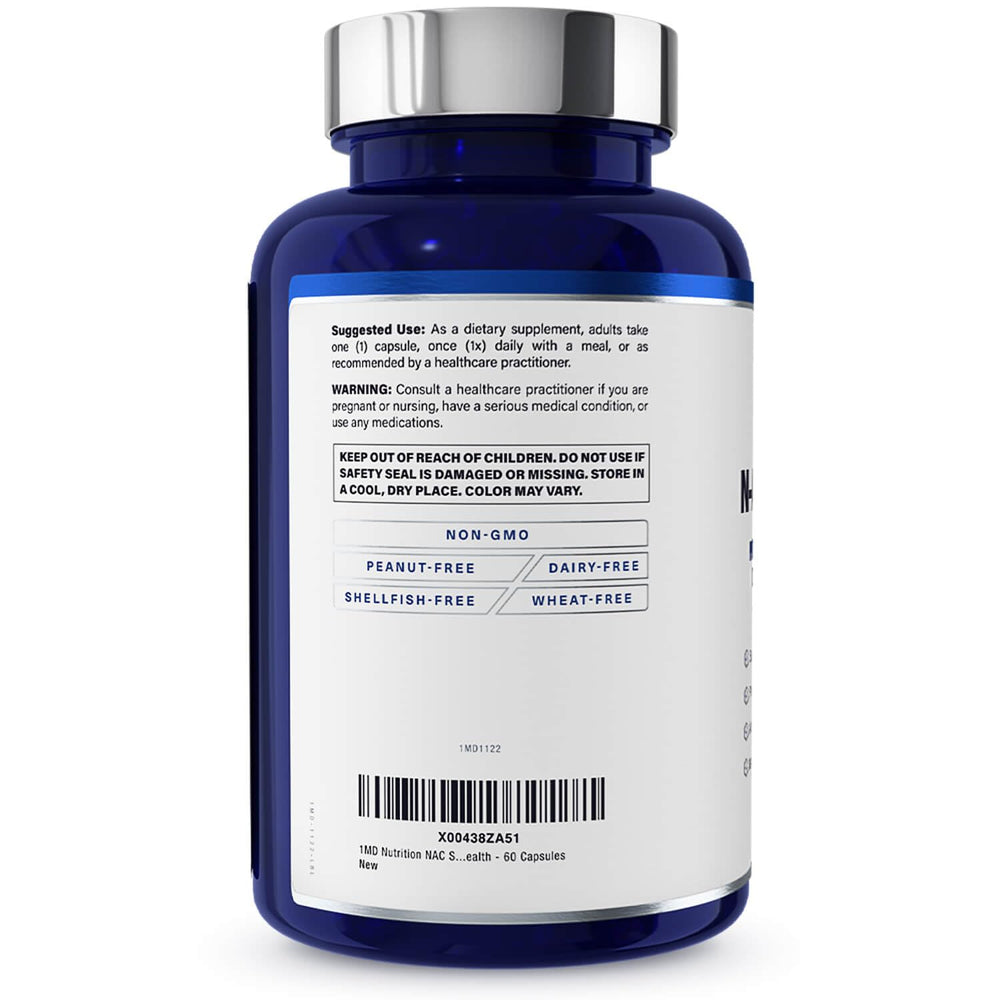 1MD NAC bottle image emphasizes glutathione production as a key antioxidant pathway.