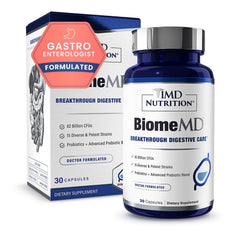 1MD BiomeMD Probiotics bottle front supports digestive balance on the kitchen counter.