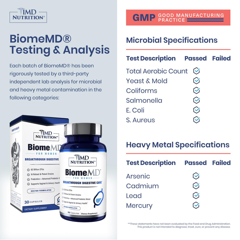 BiomeMD Probiotics capsules close-up showing easy-to-take daily capsules for gut balance.