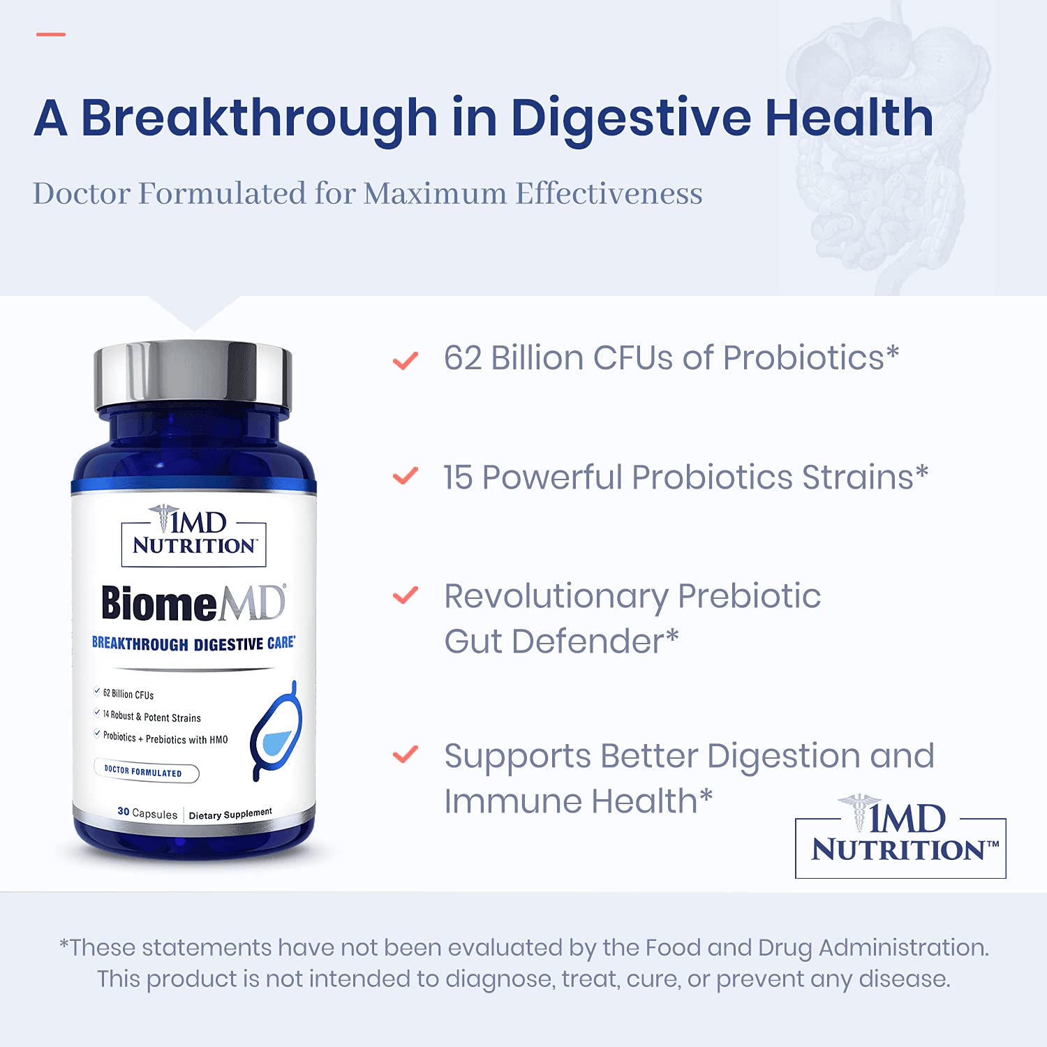 Glass of water beside BiomeMD Probiotics suggesting easy daily routine for digestion.