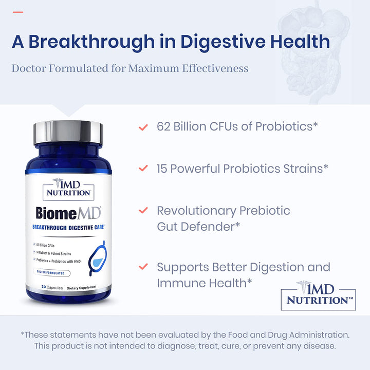 Glass of water beside BiomeMD Probiotics suggesting easy daily routine for digestion.