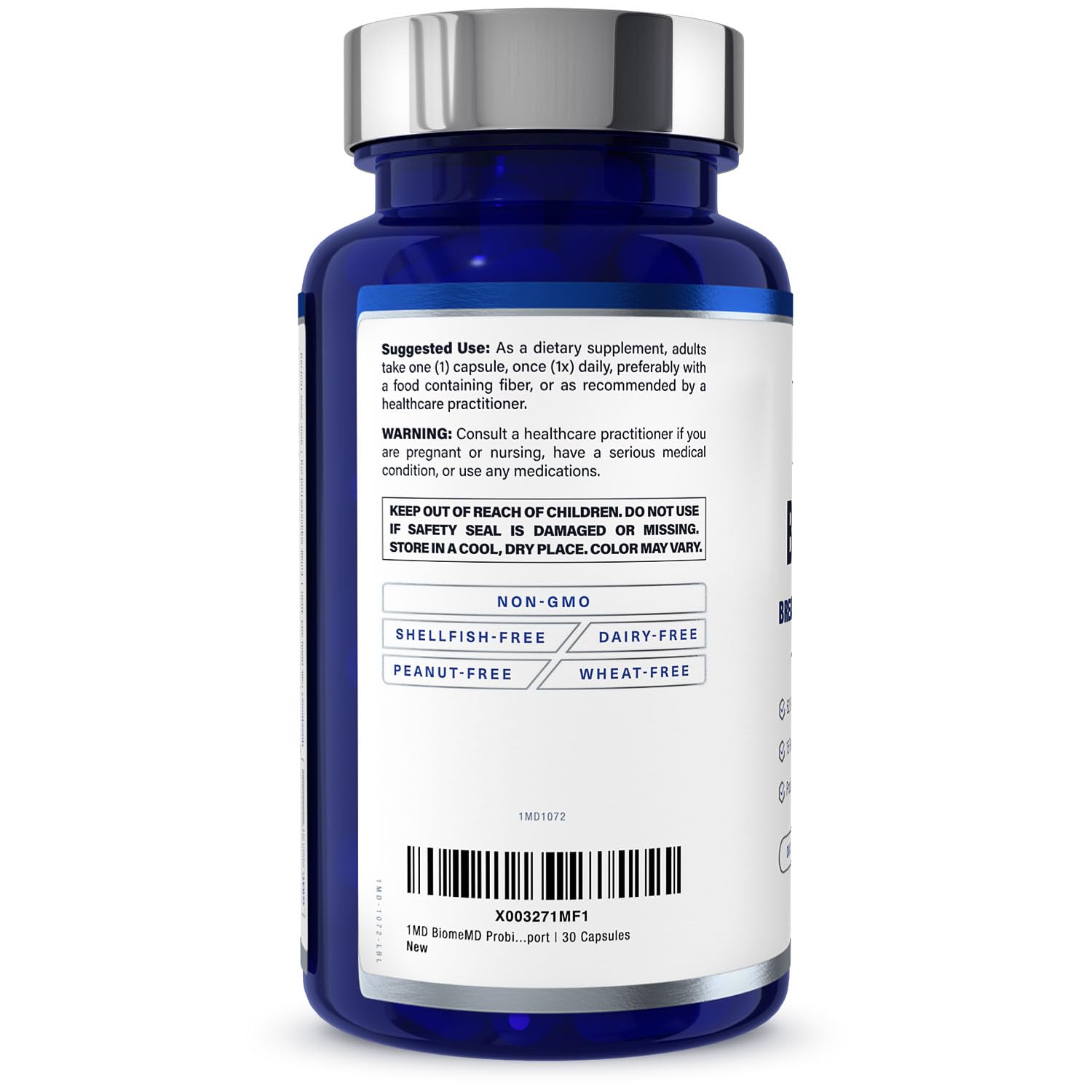 1MD BiomeMD bottle beside a simple gut health infographic