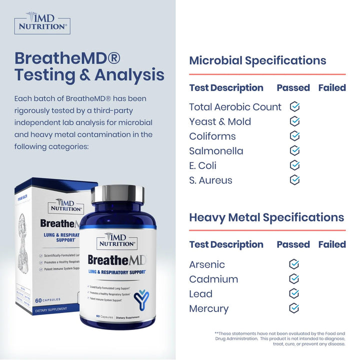 1MD Nutrition BreatheMD bottle back shows ingredients and dosing guidance for respiratory wellness