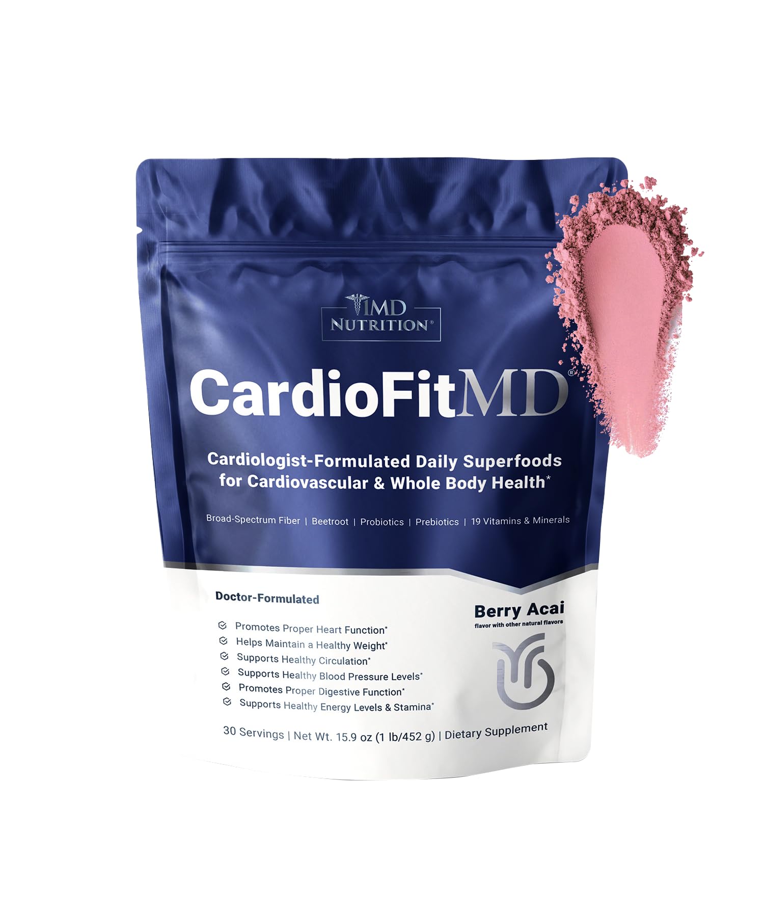 1MD Nutrition CardioFitMD beetroot powder jar showcases vibrant color and potential nitric oxide support