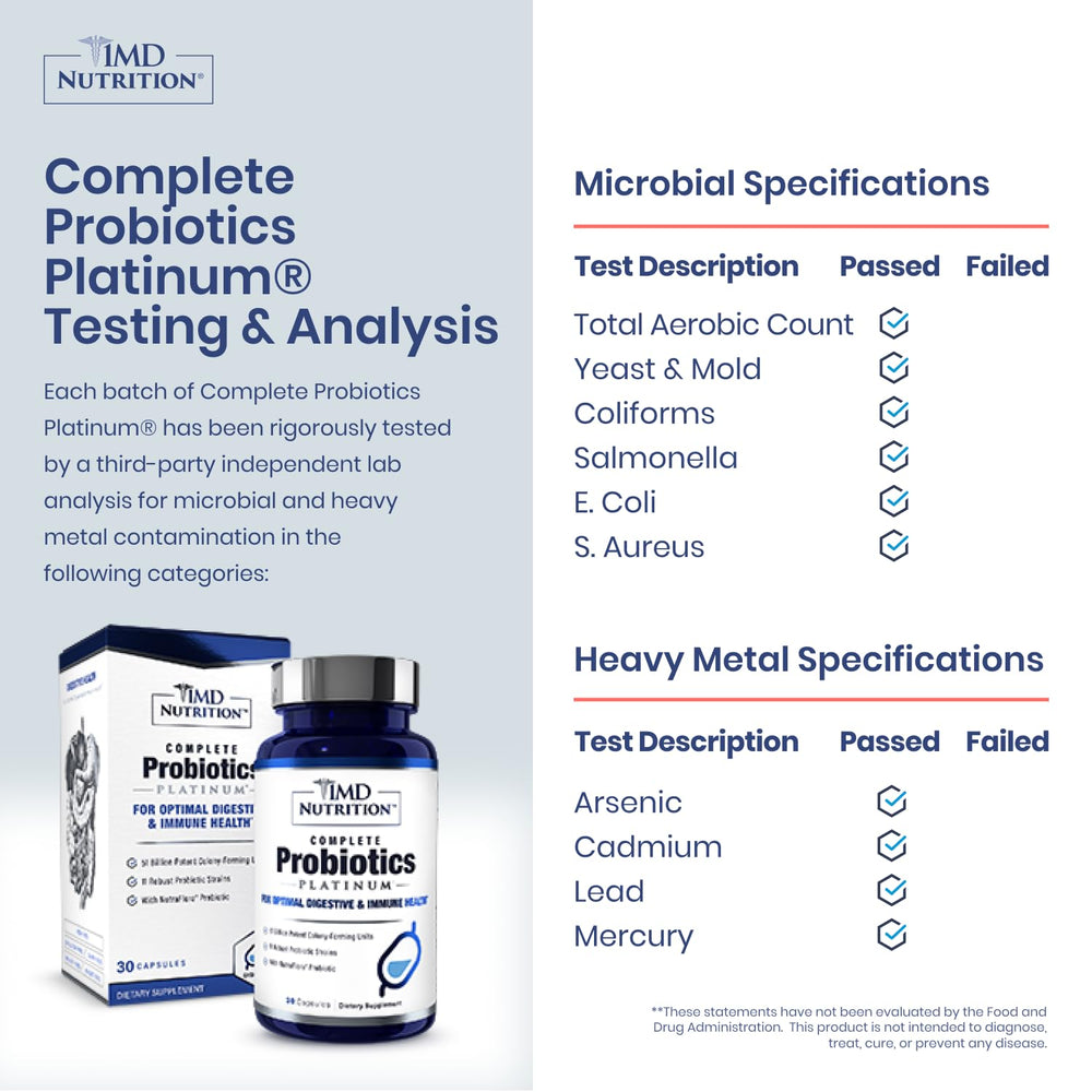 1MD Nutrition Complete Probiotics Platinum bottle open shows capsules for gut health.