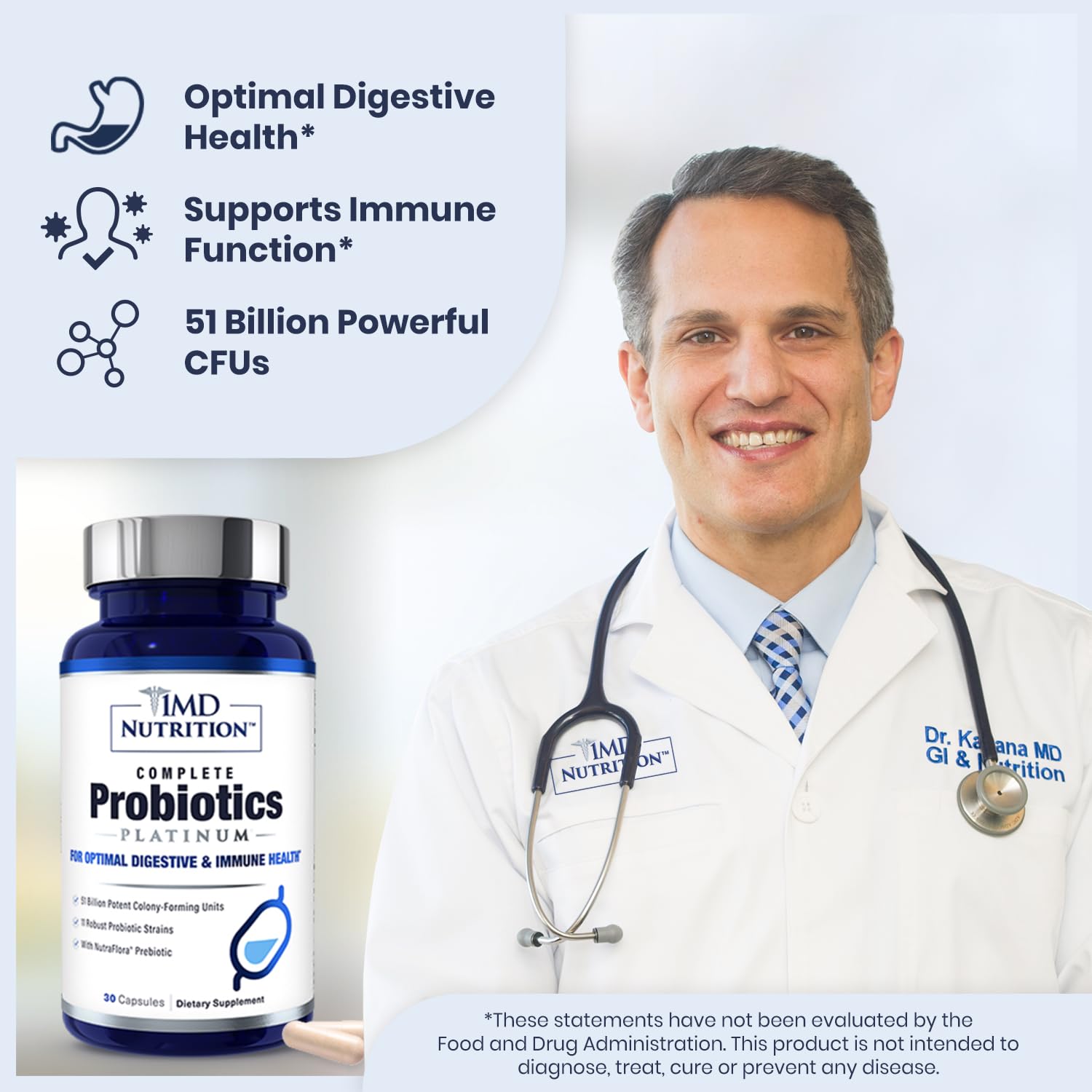 1MD Nutrition Complete Probiotics Platinum capsules close-up highlights 51 billion CFUs.