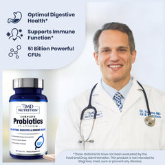 1MD Nutrition Complete Probiotics Platinum capsules close-up highlights 51 billion CFUs.