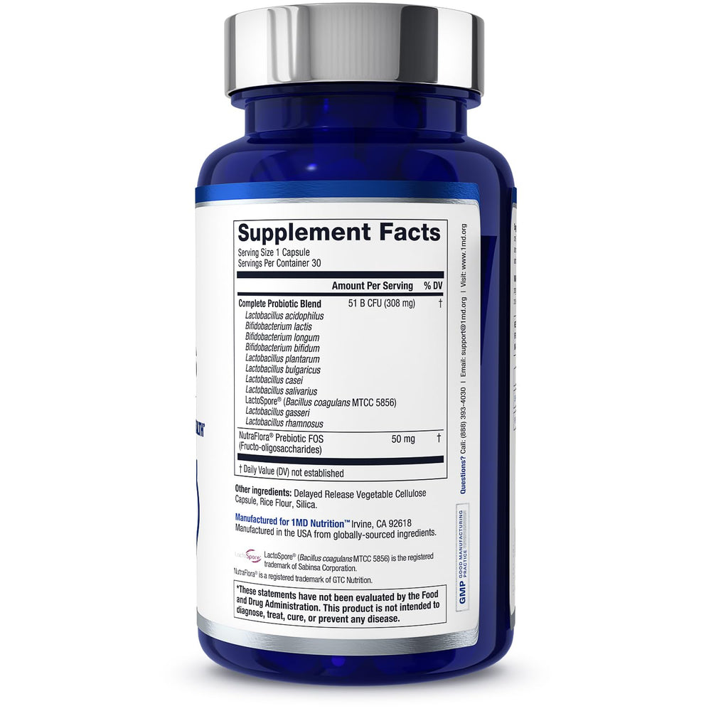 1MD Nutrition Complete Probiotics Platinum dairy-free certification badge supports allergen-friendly use.