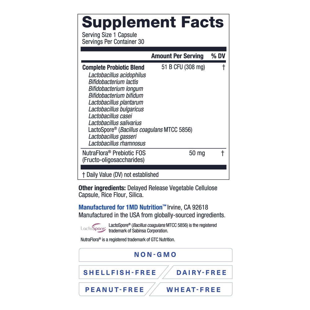 1MD Nutrition Complete Probiotics Platinum dissolving capsule demonstrates easy release.