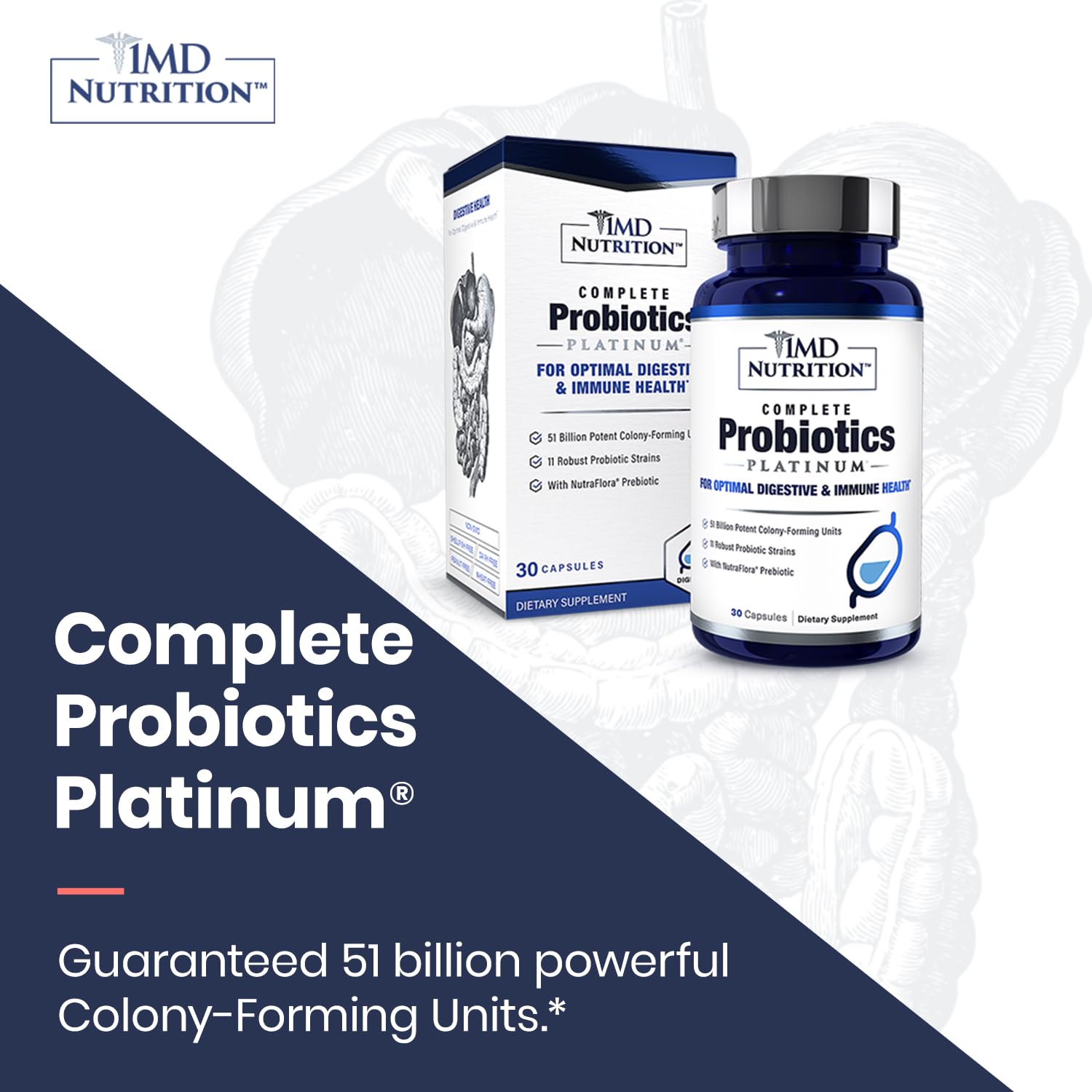 1MD Nutrition Complete Probiotics Platinum graphic illustrates gut health and immune balance.