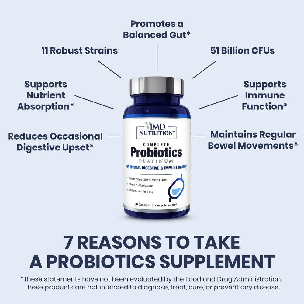 1MD Nutrition Complete Probiotics Platinum label close-up emphasizes 11 probiotic strains.