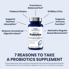 1MD Nutrition Complete Probiotics Platinum label close-up emphasizes 11 probiotic strains.