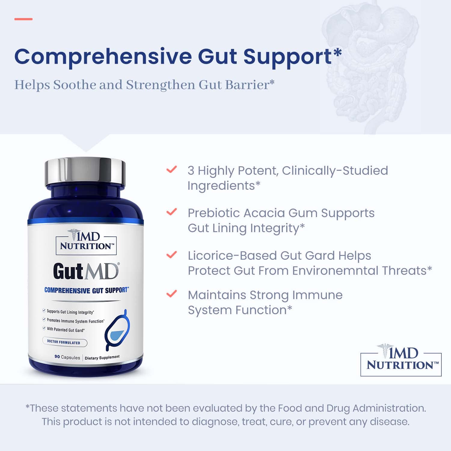 1MD GutMD bottle pour shot suggests easy dosing and portability for on-the-go use.